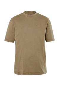 Olivengrøn bomulds t-shirt med rund halsudskæring, korte ærmer og et broderet Yellowstone Park-logo på brystet.