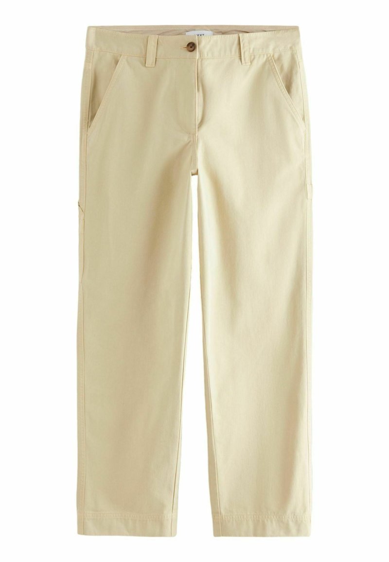 Pantalon kaki en coton, avec une coupe droite, deux poches avant et une fermeture à bouton à la taille.