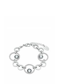 Pulsera de tono plateado con eslabones circulares interconectados, que presenta cristales claros incrustados en eslabones seleccionados para un detalle adicional. Cierre ajustable.