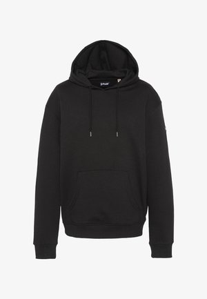 Sudadera negra con capucha, bolsillo delantero, detalles de cordones y puños acanalados. Confeccionada en tela suave con un corte holgado.