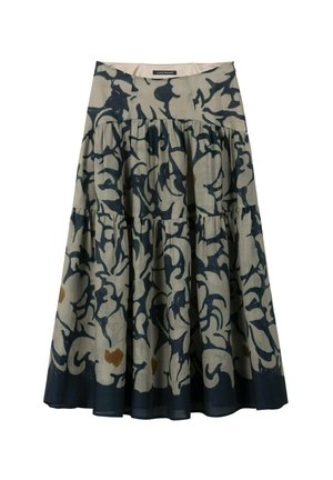 Mehrlagiger Midirock mit beigem Grundton, dunkelblauem abstraktem Blumenmuster und marineblauem Saum, mit gerafften Abschnitten und einem taillierten Bund.