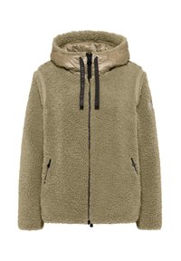 Fleecowa kurtka w oliwkowym zielonym kolorze z błyszczącym beżowym kapturem puffer. Posiada dwie boczne kieszenie na zamek błyskawiczny oraz regulowane sznurki w kapturze.