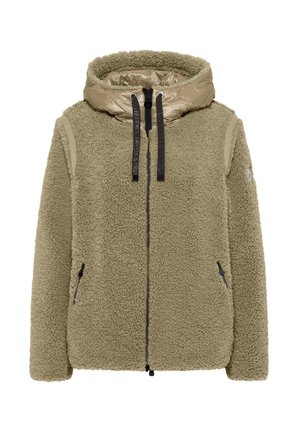 Fleecejacke in Olivgrün mit einer glänzenden beigen Puffermütze. Verfügt über zwei seitliche Reißverschlusstaschen und verstellbare Kordelzüge an der Kapuze.