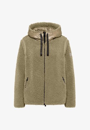 Fleecejack in olijfgroen met een glanzende beige pufferkap. Voorzien van twee zijzakken met rits en verstelbare trekkoorden op de kap.