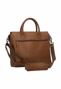 Braune Lederhandtasche mit doppelten Obergriffen, verstellbarem Stoff-Schulterriemen, vorderer Reißverschlusstasche und glatter Textur. Rechteckige Form.