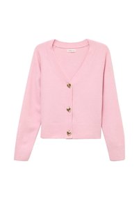 Cardigan rosa a scollo a V, realizzato in materiale morbido, con quattro bottoni dorati a forma di cuore e polsini e orlo a coste.