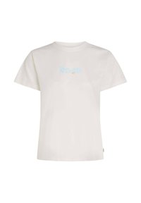White cotton T-shirt featuring short sleeves, a crew neck, and light blue floral embroidery with the brand name in the center.