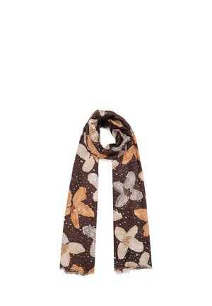 Sciarpa marrone con grandi motivi floreali arancioni, beige e grigi e piccoli punti bianchi, distesa piatta con un anello nella parte superiore.