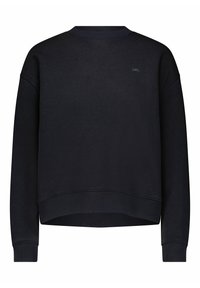 Felpa nera realizzata in misto cotone, con scollo rotondo, polsini e orlo a costine, con un piccolo logo sulla parte anteriore.