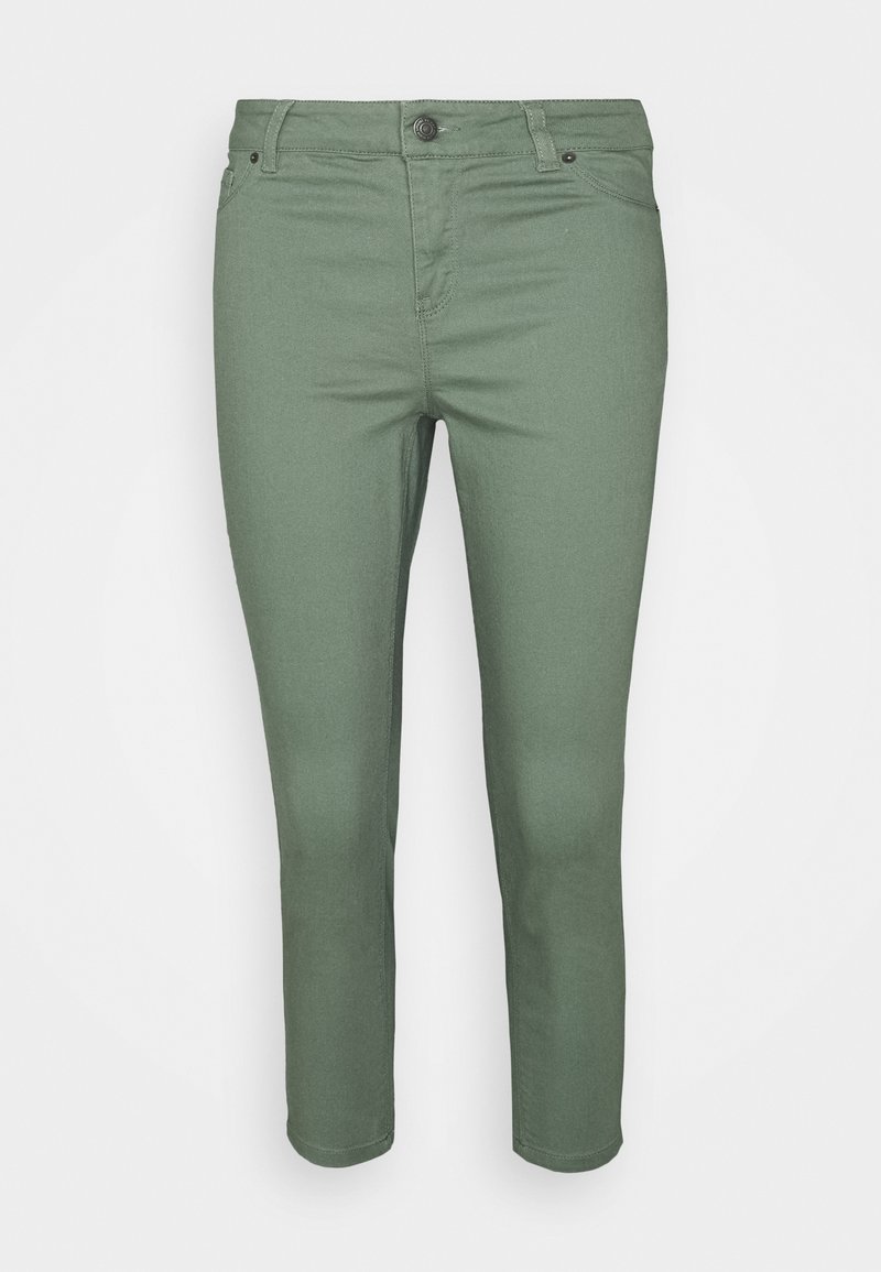 Calças de ganga verdes com um design slim-fit, apresentando um fecho de botão, cinco bolsos e uma textura suave. Cintura de altura média.