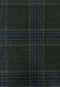 Wool fabric with dark green, navy blue, and brown plaid pattern featuring intersecting thick and thin lines forming squares.