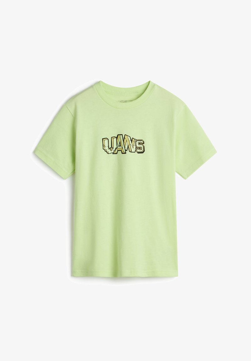 Camiseta de algodón verde claro con mangas cortas y cuello redondo. Presenta una impresión gráfica de la palabra "LAWS" en varios colores y estilos.