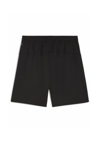 Svarta träningsshorts tillverkade av ventilerande tyg med resårmidja och en enkel, strömlinjeformad design. Inga synliga mönster eller detaljer.