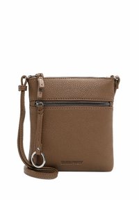 Brown leather crossbody bag with textured surface, front zip pocket, adjustable strap, and silver hardware accents. Logo embossed on front.