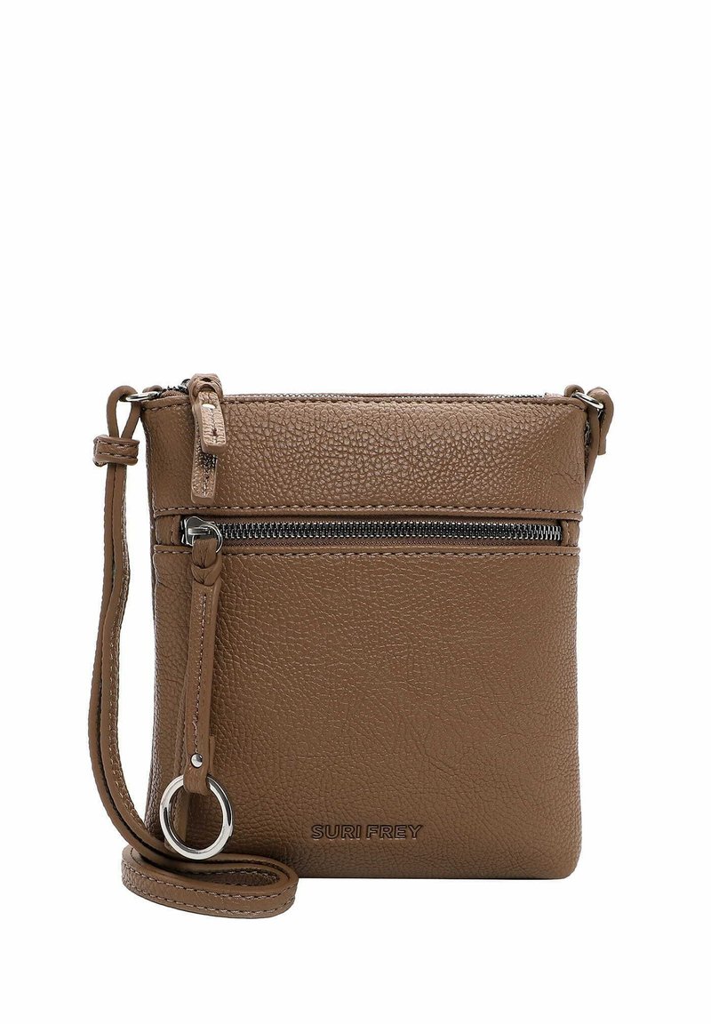 Brown leather crossbody bag with textured surface, front zip pocket, adjustable strap, and silver hardware accents. Logo embossed on front.
