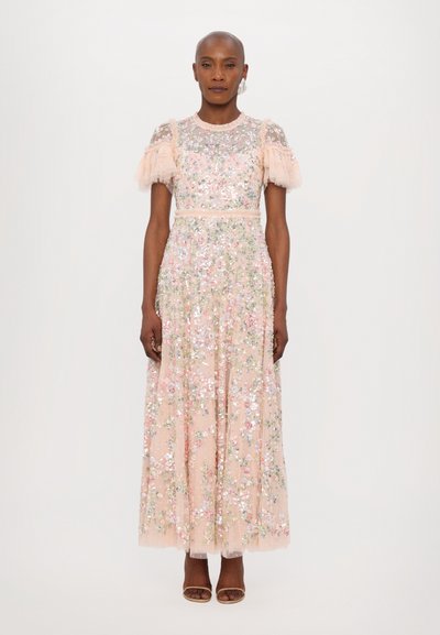 Long, pink floral sequin gown with sheer lace bodice and puffed sleeves, featuring intricate flower patterns and a flowing skirt.