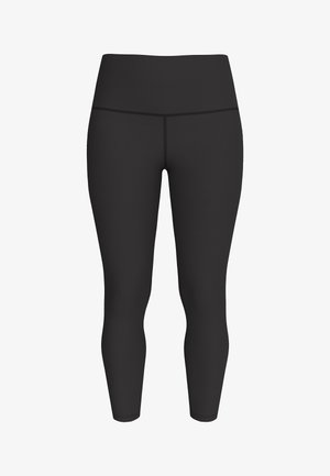 Leggings neri a vita alta, lunghezza completa, con cuciture piatte e finitura opaca liscia, progettati per l'abbigliamento sportivo.