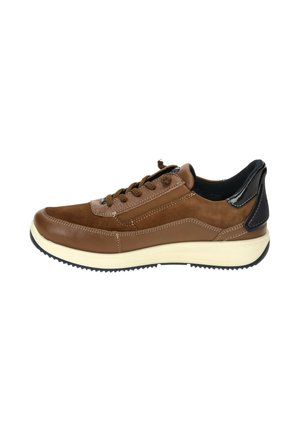 Brown leather sneakers with textured accents, round toe, and black heel detail. Features a cream-colored sole and brown laces.