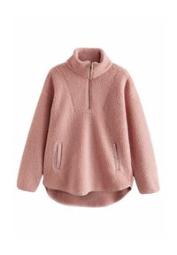 Pink fleece pullover med høj krave, halv lynlås, to sidelommer og struktureret stof. Har en buet kant for ekstra længde.