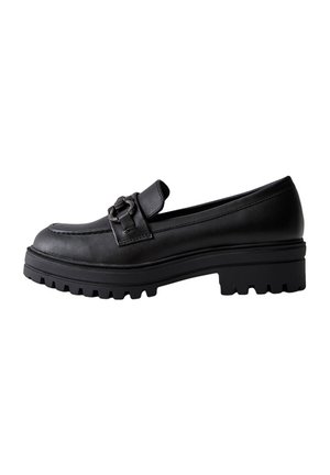 Black leather loafer with chunky lug sole, low block heel, and decorative buckle detail on the upper.