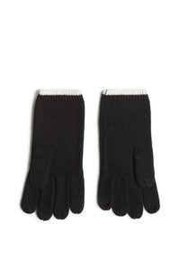 Black knitted gloves with a ribbed white cuff, featuring separate fingers and a smooth texture. Overall, a simple, functional design.