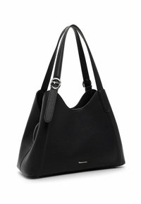 Black leather handbag with a textured finish, featuring double straps, a unique angular shape, and a small silver logo detail on the front.