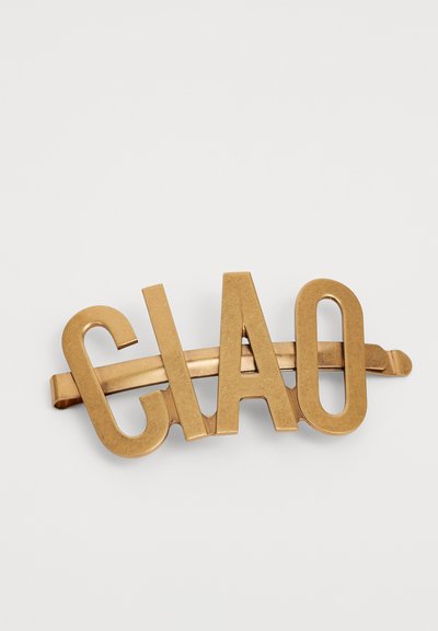 Bronze hair clip with the word "Ciao," featuring bold, uppercase letters and a smooth, flat surface. Secured with a simple clasp.