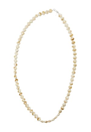 Collier composé de petites coquilles Saint-Jacques brun clair enfilées très serrées avec un fermoir en argent sur fond blanc.