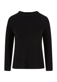 Schwarzer Strickpullover mit rundem Ausschnitt, langen Ärmeln, gerippten Bündchen und Saum. Verfügt über ein strukturiertes Muster im gesamten Stoff.