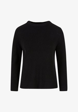 Maglione nero lavorato a maglia con scollo rotondo, maniche lunghe, polsini e orlo a coste. Presenta un motivo testurizzato su tutta la superficie del tessuto.