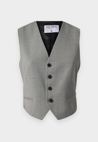 Chaleco sin mangas entallado gris con cuatro botones negros, dos bolsillos delanteros ojalé y cuello en V, etiquetado como "FILIPPA K."