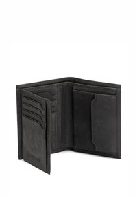 Black leather wallet with multiple card slots on one side, a larger compartment on the opposite side, and visible stitching throughout.