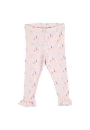 Rosa Baby-Leggings mit Rüschensäumen, verziert mit kleinen Birnenmustern in Blau, Orange und Creme.