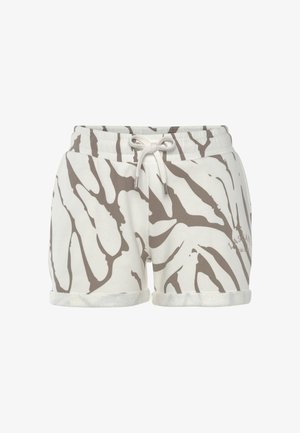 Weiße Shorts mit einem braunen Zebra-Streifenmuster, aus Baumwollmaterial, elastischem Bund mit verstellbarem Kordelzug und umgeschlagenen Säumen.