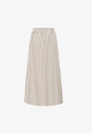 Lightweight, A-line midi skirt in cream with thin brown vertical stripes. Features an elastic waistband and smooth, flowing fabric.