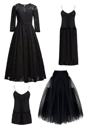 Four black garments: a lace dress with three-quarter sleeves, a satin slip dress, a satin top with shorts, and a layered tulle skirt.