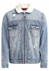 Kurtka dżinsowa w jasnym niebieskim kolorze z kołnierzem z sztucznego futra, przednim zamkiem błyskawicznym, dwoma kieszeniami na piersi, przetarciami oraz kontrastującymi przeszyciami.
