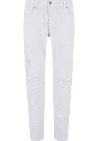 Pantalones de mezclilla blancos de corte ajustado, con detalles desgastados en las rodillas, cinco bolsillos, pasadores para cinturón y cierre de botón metálico.