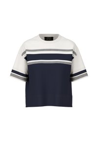 Navy and white short-sleeve top with horizontal stripes in grey, featuring a round neckline and a relaxed fit. Made from a textured fabric.