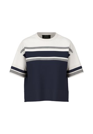 Navy and white short-sleeve top with horizontal stripes in grey, featuring a round neckline and a relaxed fit. Made from a textured fabric.