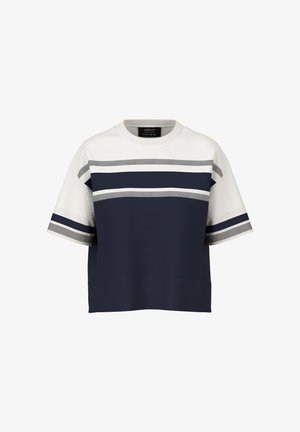 Marineblaues und weißes kurzärmliges Oberteil mit horizontalen Streifen in Grau, runder Ausschnitt und lockerer Passform. Aus einem strukturierten Stoff gefertigt.