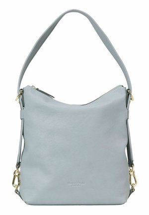 Hellgraue Lederhandtasche mit strukturierter Oberfläche, einem einzelnen verstellbaren Tragegurt und einem Reißverschluss oben. Hat Akzente in goldfarbener Hardware.