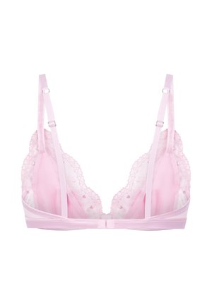 Hellrosa Spitzen-BH mit verstellbaren Trägern, durchsichtigen Spitzen-Cups mit kleinen Herzmustern und einem Verschluss vorne.