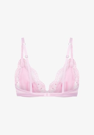 Soutien-gorge lingerie rose clair avec bretelles réglables, bonnets en dentelle transparente ornés de petits motifs en forme de cœur, et fermeture à agrafe à l'avant.