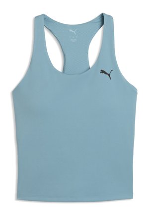 Débardeur de sport bleu clair sans manches avec dos nageur, avec petit logo Puma noir sur le côté droit de la poitrine.
