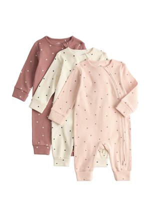 Tre langærmede babyheldragter i pink, creme og lilla, hver med små hjerteprint og lynlås foran.