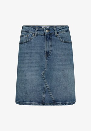 Keskmise sinise tooniga teksaskleit, millel on ees lukuga sulgemine, kaks taskut ja ainulaadne nurkse õmbluse detail. Pehme tekstuur, kergelt kulunud viimistlus.