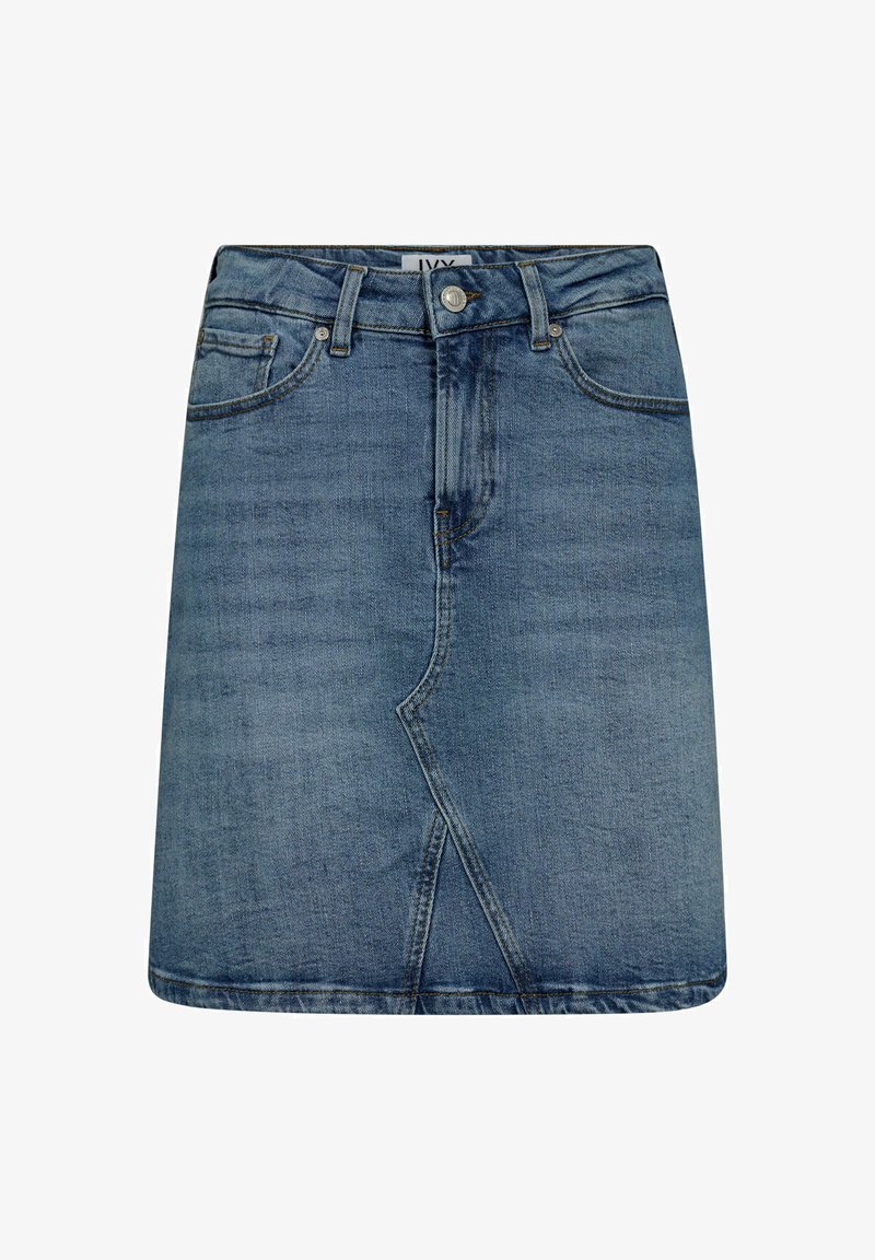 Denimrock in Mittelblau mit einem Frontreißverschluss, zwei Taschen und einem einzigartigen schrägen Nahtdetail. Weiche Textur, leicht abgenutzter Look.