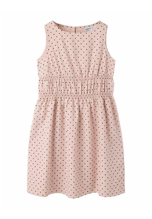 Sukienka bez rękawów w jasnoróżowym kolorze z czarnymi kropkami, z elastycznym pasem i okrągłym dekoltem, odpowiednia dla dzieci.
