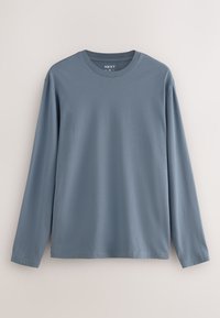 Maglietta a maniche lunghe con collo rotondo blu tenue, design semplice, taglia media, mostrata su sfondo neutro.